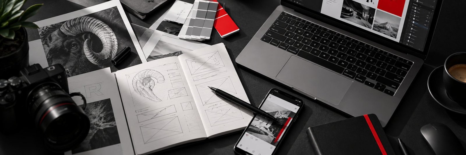 Scrivania dello studio REM: schizzi di layout, stampe, palette e lavoro su schermo