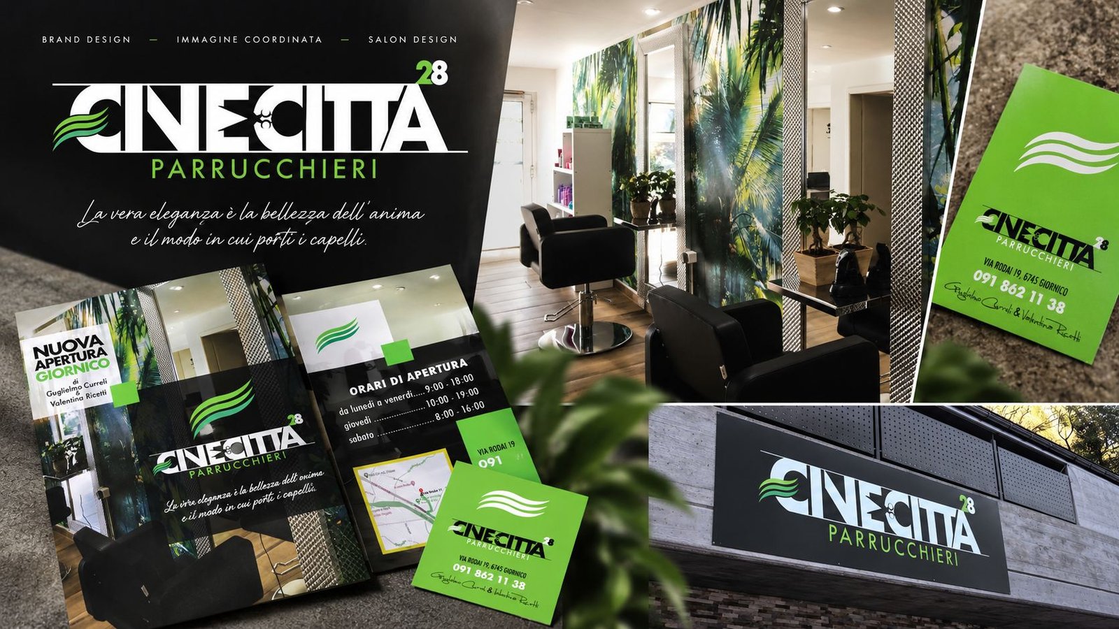 Immagine coordinata Cinecittà 28 Parrucchieri: marchio, biglietti da visita, flyer e insegna