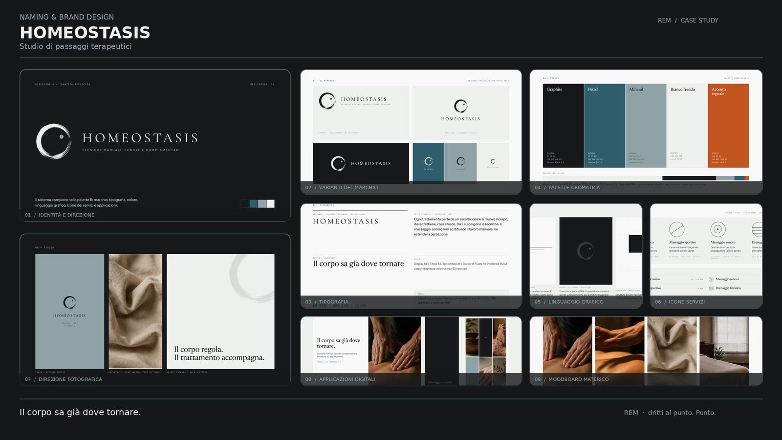 Case study Homeostasis: marchio, varianti, tipografia, palette e applicazioni digitali